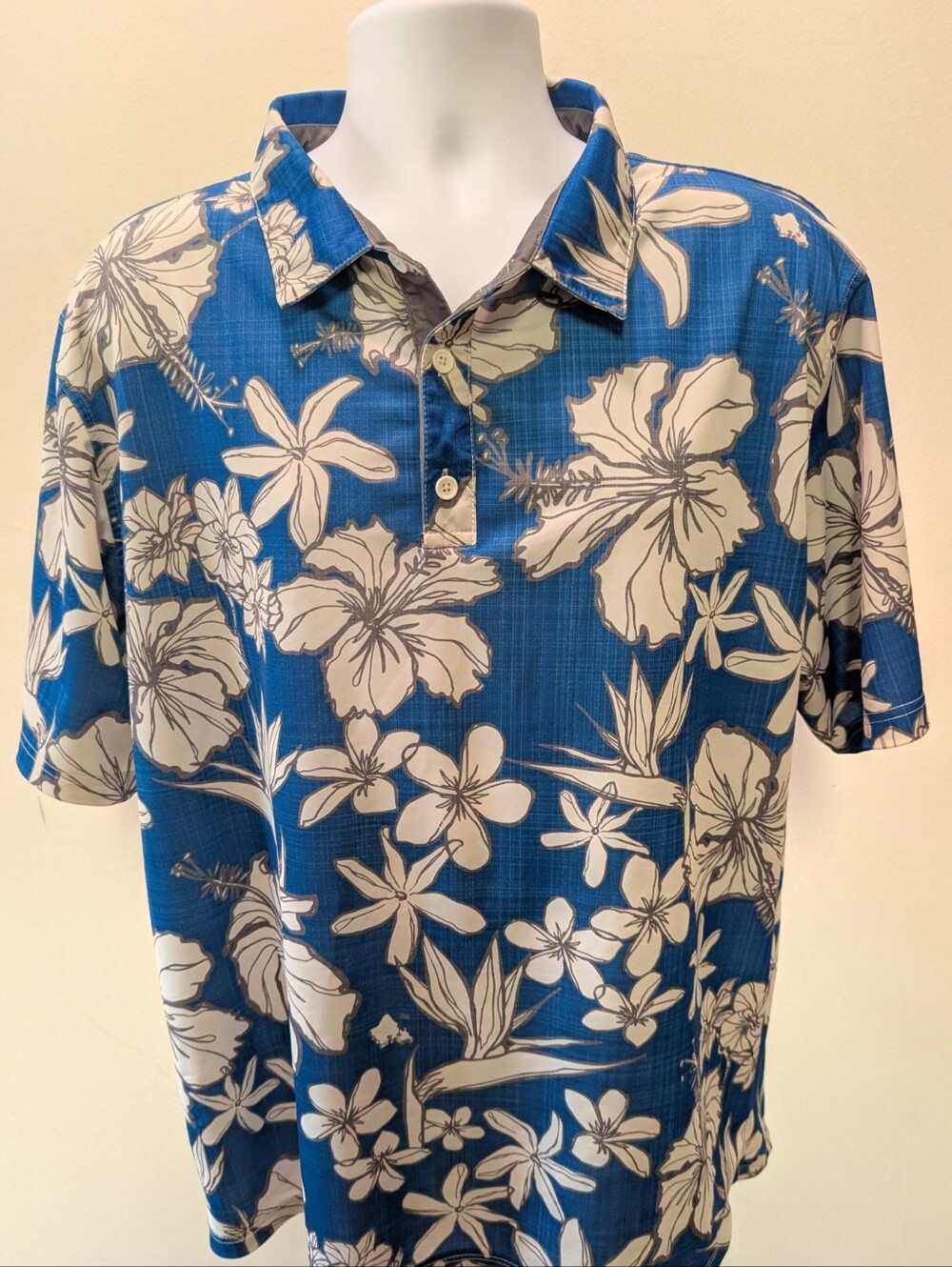 Men's Blue Floral Polo Shirt with White Hibiscus Print